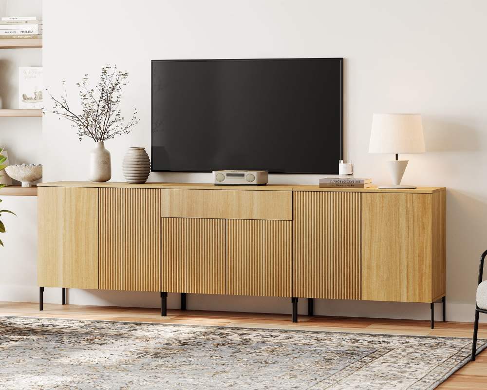 94.5" Modern Reeded Dresser TV Stand for TVs up to 100 Inch,Entertainment Center with Adjustable,Wooden TV Console with Storage for Living Room
