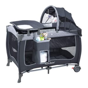 Pamo Babe Baby Playard with Bassinet, Portable Pack and Play Wheels, Canopy, Changing Table for Newborn(Grey)
