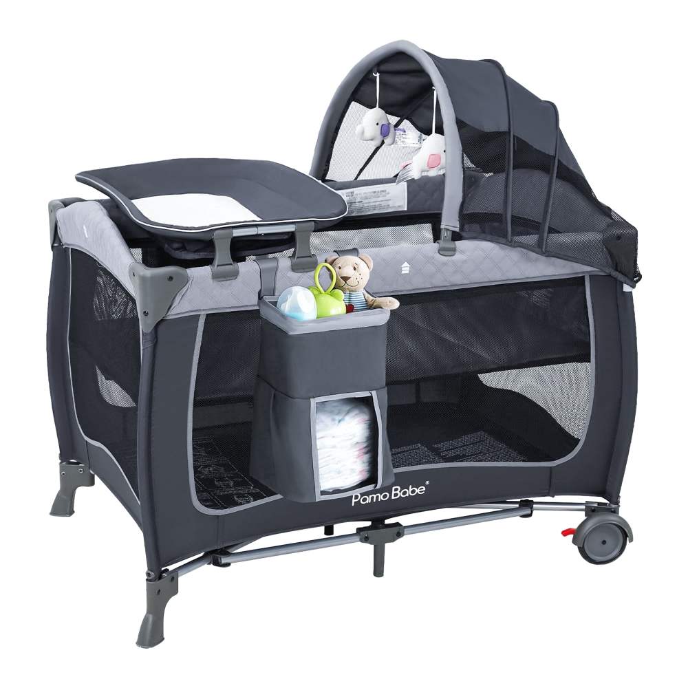 Pamo Babe Baby Playard with Bassinet, Portable Pack and Play Wheels, Canopy, Changing Table for Newborn(Grey)