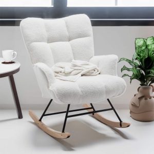 White Teddy Rocking Chair,with High Backrest and Padded Seat for Living Rooms,Bedrooms,Offices