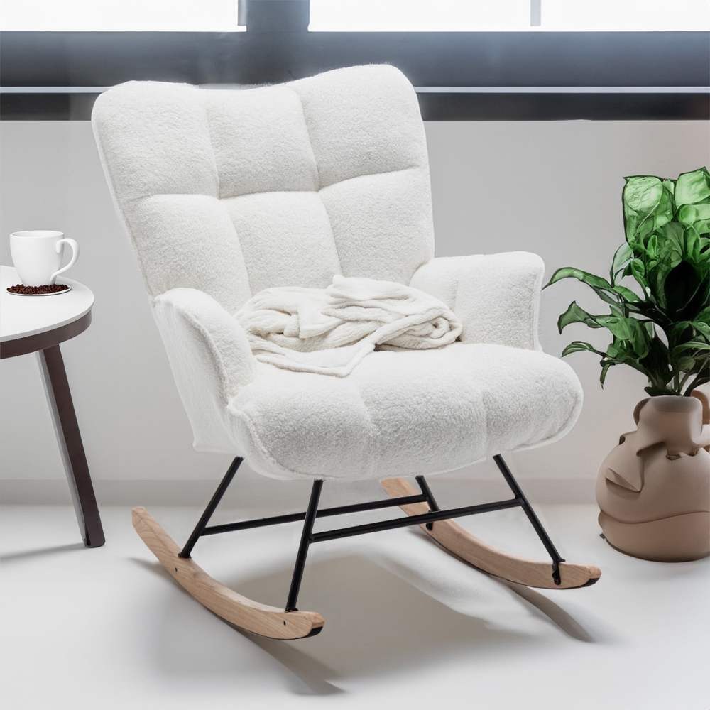 White Teddy Rocking Chair,with High Backrest and Padded Seat for Living Rooms,Bedrooms,Offices