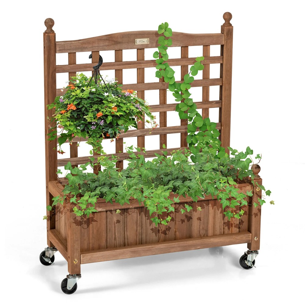 Gymax 2PC 32in Wood Planter Box w/Trellis Mobile Raised Bed for Climbing Plant - Image 4