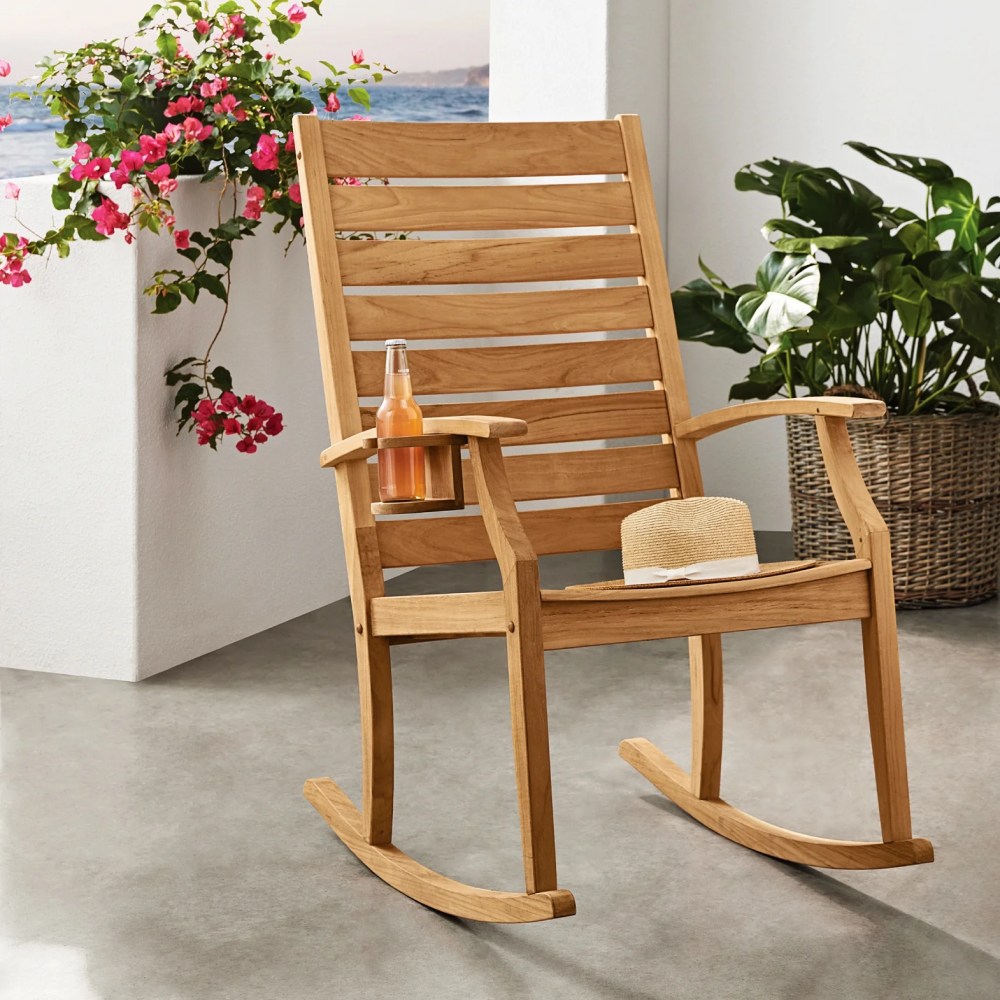 Logan Solid Teak Outdoor Rocking Chair with Bottle Holder, Natural Teak - Image 9
