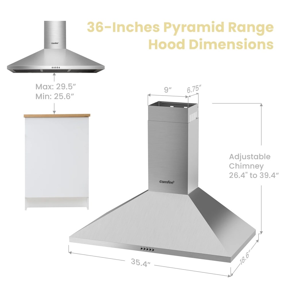 Comfee 36" Ductless/Ducted, Convertible, Pyramid Range Hood, Stainless Steel, CVP36W4AST - Image 3