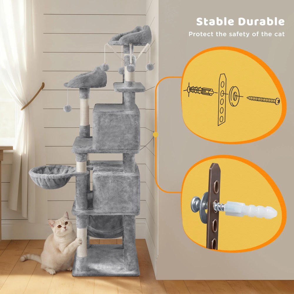 Alden Design 67" H Multi-Level Cat Tree Tower with 2 Cat Condos & Hammock Basket, Light Gray - Image 4