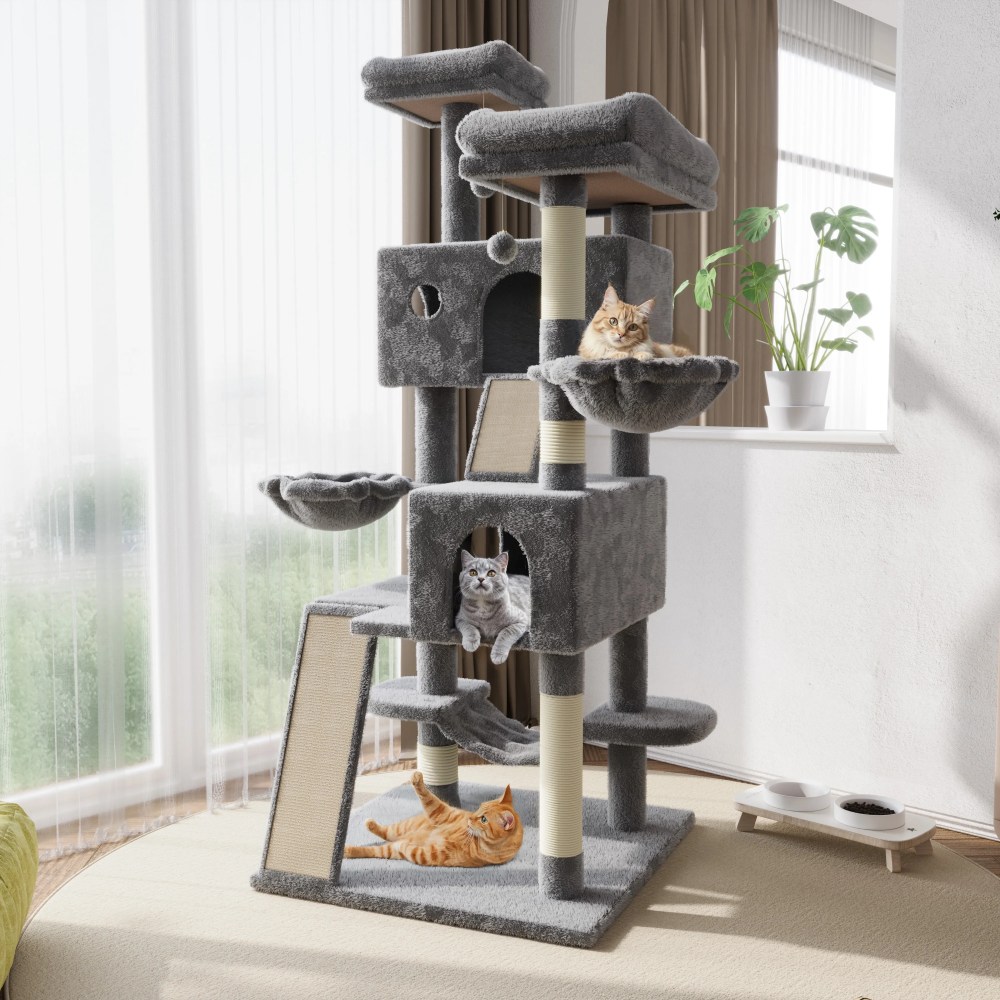 Amolife 65.7" Large Cat Tree and Tower Condo for Indoor Cats with 2 Scratching Boards, Hammock & Post, Gray - Image 10