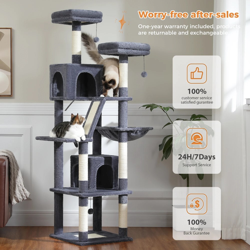 PEQULTI 71 " Large Cat Tree Tower for Cat with Dual Condos and 6 Scratching Posts Indoor Dark Gray - Image 4