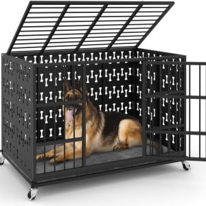 Waleaf 48 inch Heavy Duty Indestructible Dog Crate, Escape Proof Dog Cage with Enclosed Design, High Anxiety Dog Crate for Large Dogs, Lockable Wheels and Removable Trays, Large
