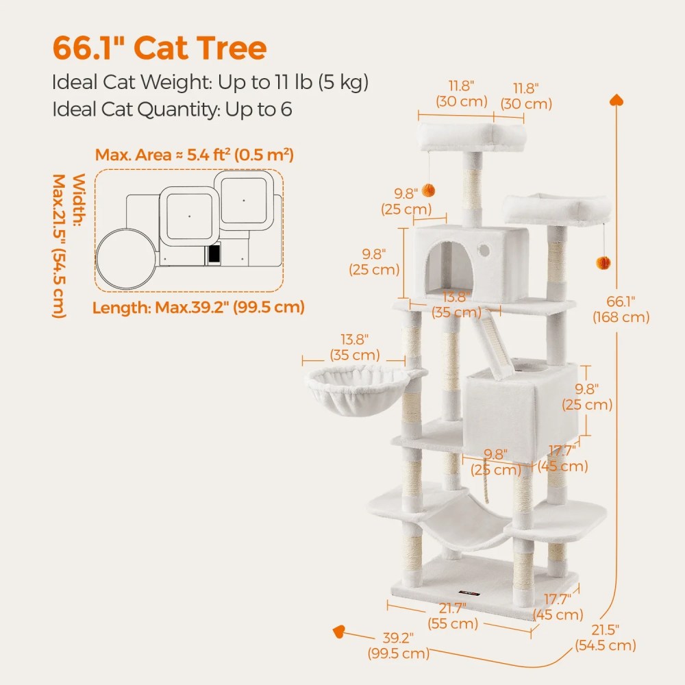 LEDREM 66.1-Inch Multi-Level Cat Tree Tower with 2 Perches, 2 Caves, Hammock & 13 Scratching Posts-Plush Climbing Condo for Indoor Cats, Cream White - Image 5