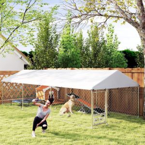 PawHut Outdoor Dog Kennel,  Heavy Duty Dog Kennel Outside with Adjustable & Rotatable Bowl Rack,  Waterproof Cover,  Secure Lock,  19.7" x 7.5" x 5.2"