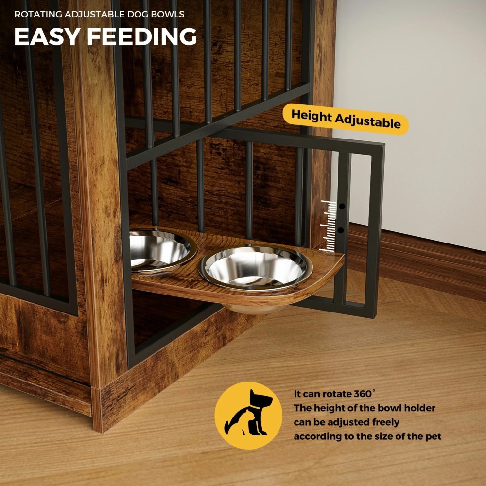 Advwin 63" Wooden Double Dog Crate Furniture with Drawers, Divider, Sliding Doors and Dual Feeding Stations, TV Stand Dog Kennel for 2 Small/Medium Dogs, Rustic Brown - Image 9