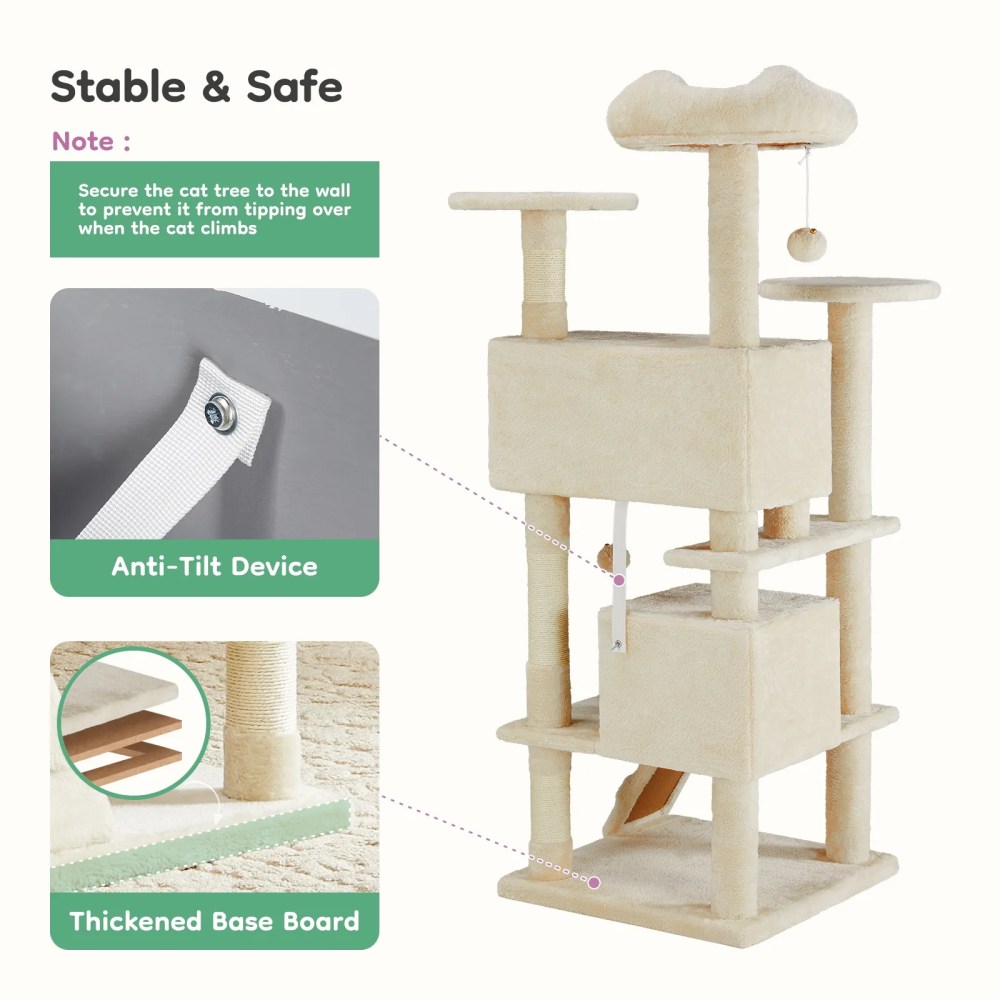 JIOABL 54-Inch Cat Tree Tower - Multi-Level Cat Tower with Large Condo, Natural Sisal Scratching Post, Climbing Ladder, Beige - Image 3