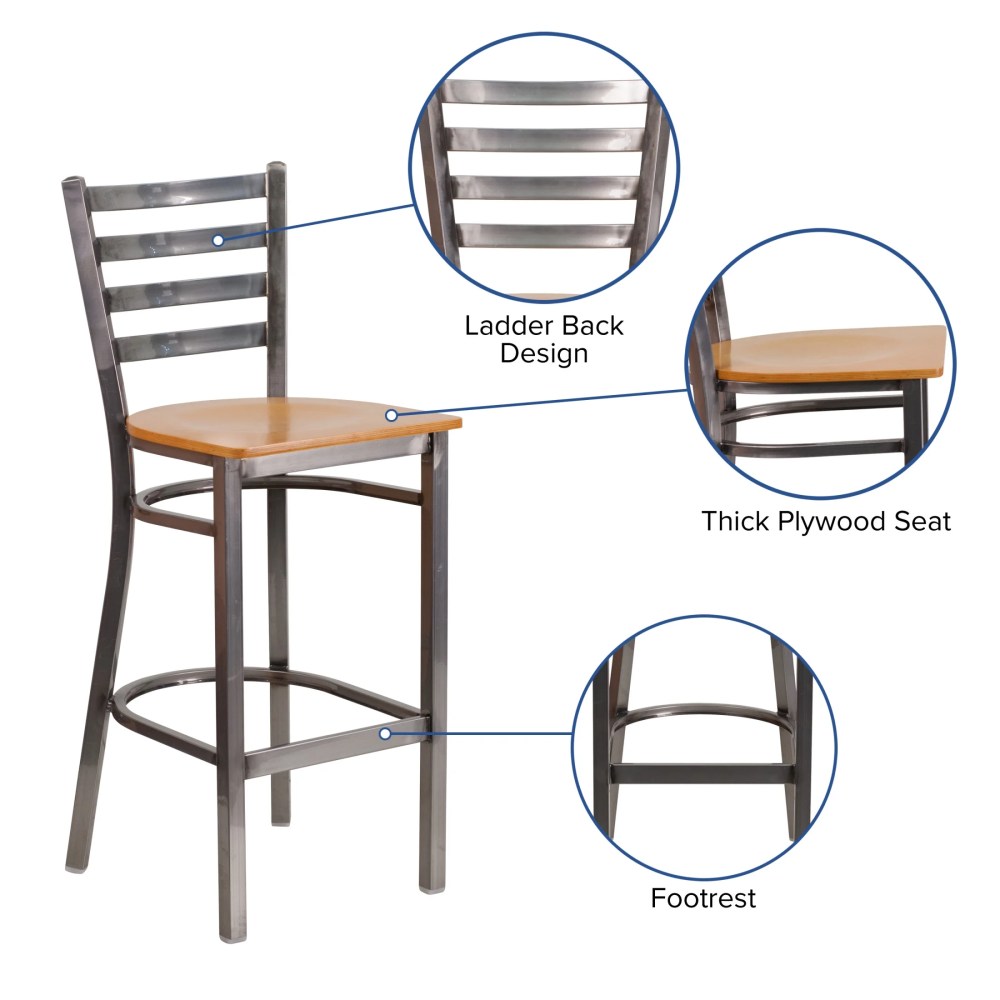 Flash Furniture HERCULES Series Silver Antique Finish with Clear Coat Ladder Back Metal Restaurant Barstool - Natural Wood Seat - Image 5