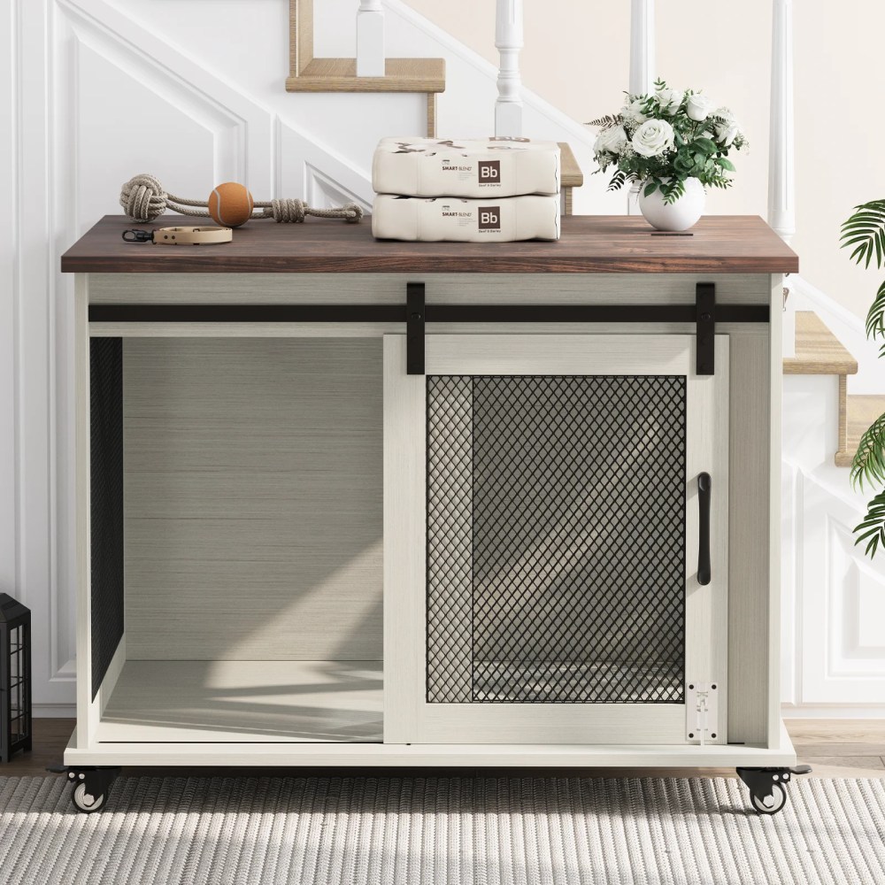 37" Stress-Free Dog Crate with Dual Access Sliding Barn Door & Flip Top Design Creates a Cozy Den for Your Pet - Image 6