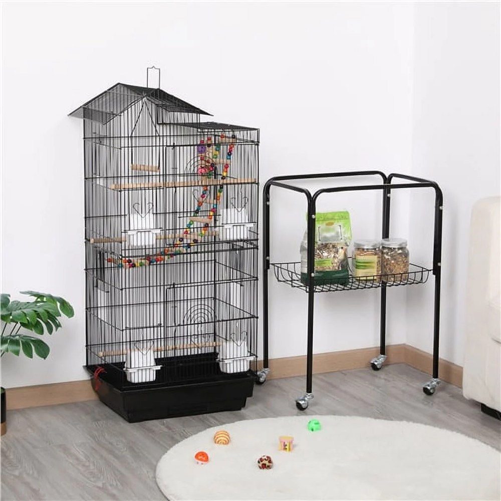 Alden Design 62.4"H Metal Rolling Mid-Size Bird Cage with Detachable Stand, Black - Image 8