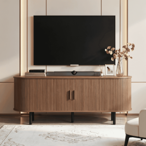 55 Inch TV Stand with Built-in Power Outlet,Compatible with TVs Up to 60 Inches,Modern Entertainment Center with Adjustable Shelves,Storage Space,and Sliding Doors,Walnut