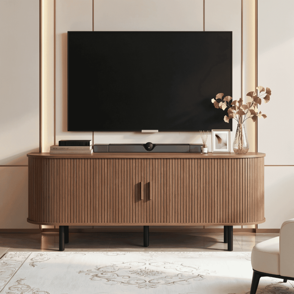 55 Inch TV Stand with Built-in Power Outlet,Compatible with TVs Up to 60 Inches,Modern Entertainment Center with Adjustable Shelves,Storage Space,and Sliding Doors,Walnut