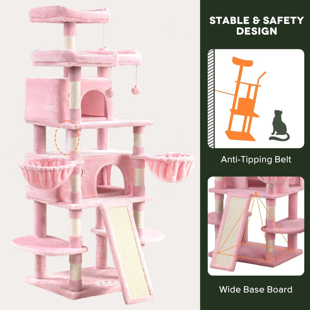 Einfach 68" X-Large Cat Tree and Tower with Condo Houses, Scratching Board & Posts for Indoor Cat, Pink - Image 8