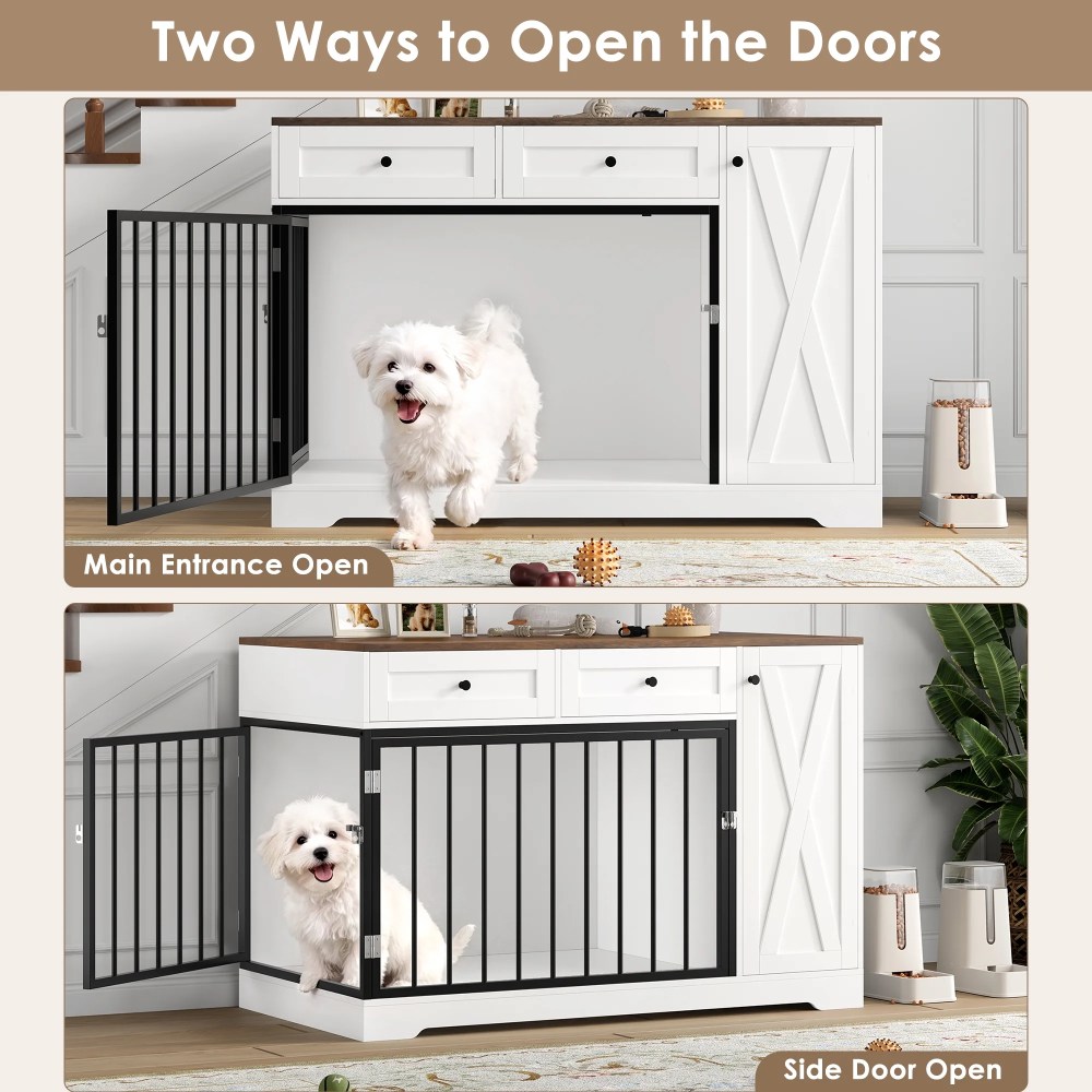 Homfa Dog Crate with Storage Cabinet and 2 Drawers, Indoor Furniture Style Wooden Large Dog Kennel, White - Image 3