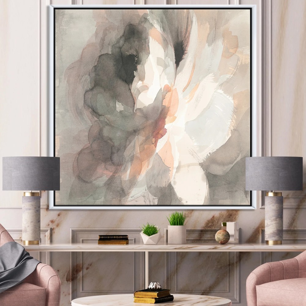Designart ' Abstract Peony Grey ' Pink Modern Framed Canvas - Image 2