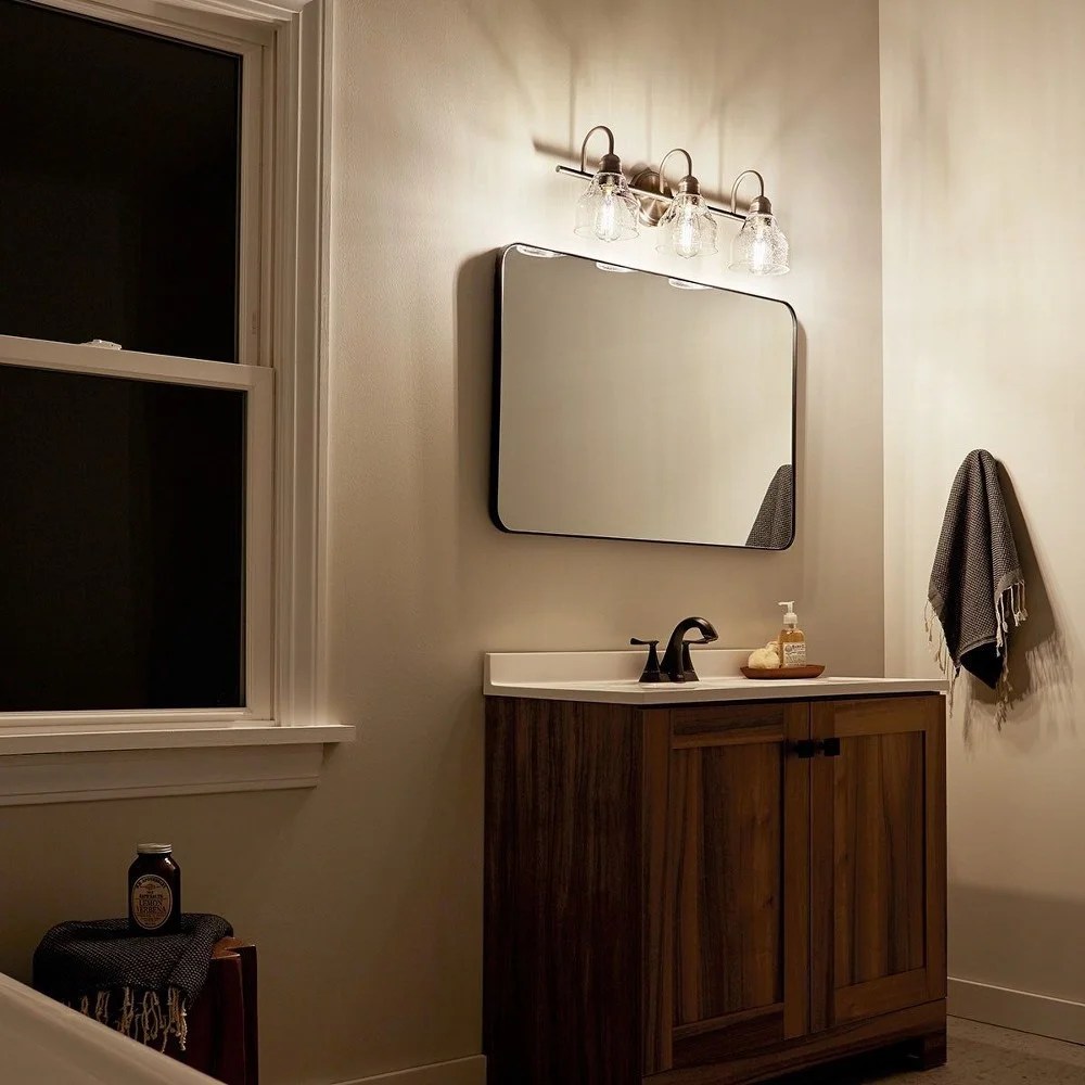 45973NBR Kichler Lighting Avery - 3 Light Bath Vanity Approved for Damp Locations - with Vintage Industrial inspirations - 9.25 inches tall by 24 - Image 3