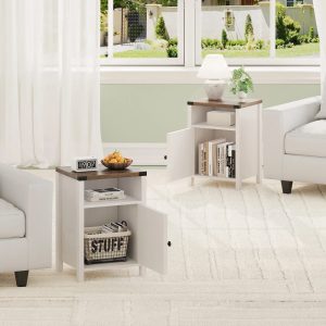 4 EVER WINNER Farmhouse 2-Pack Barn Door Side Tables,Cream White Storage End Tables,Cozy Bedside Tables for Bedroom & Living Room