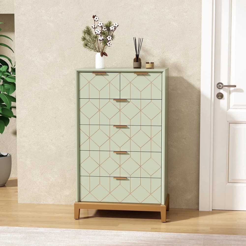 45"H Wood Gold Lines Green Dressers Chest of Drawers with 6 Drawers for Bedroom,Entryway