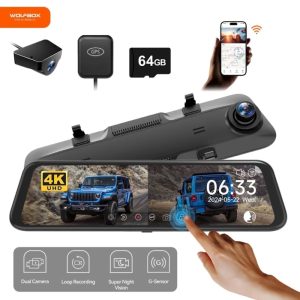 WolfBox Dash Cam, Dashcam 4K in Wifi& GPS, 12" 4K1080P Rear View Mirror Dash Cameras with Super Night Vision, See the license plate clearly, Free 64GB Card