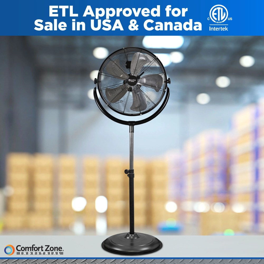 Comfort Zone 20" 3-Speed Slim-Profile High-Velocity Industrial Pedestal Fan with Aluminum Blades and Adjustable Tilt, All-Metal Construction, Black - Image 7