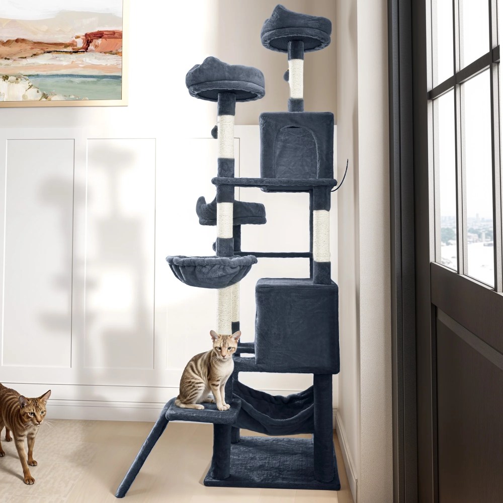 Uforic 75"Large Cat Tree Tower Multi Level Play Tower Condo with Sisal Ramp, Scratching Posts & Cozy Basket Hammocks, Dark Gray - Image 2