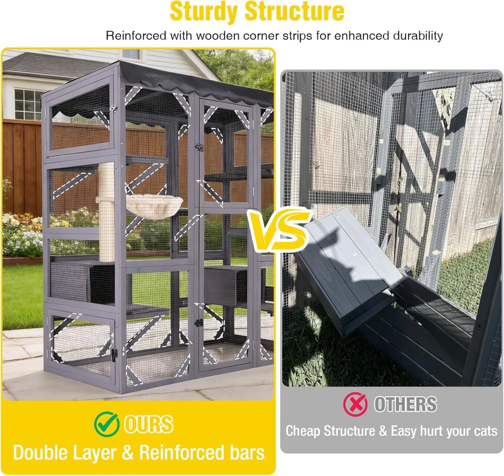 Aivituvin Catio Large Cat House Outdoor Walk in Outdoor Cat Enclosure Indoor Cage Kitty Condo Playpen with Door, Platform, Scratch Post, Hammock - 70" - Image 7