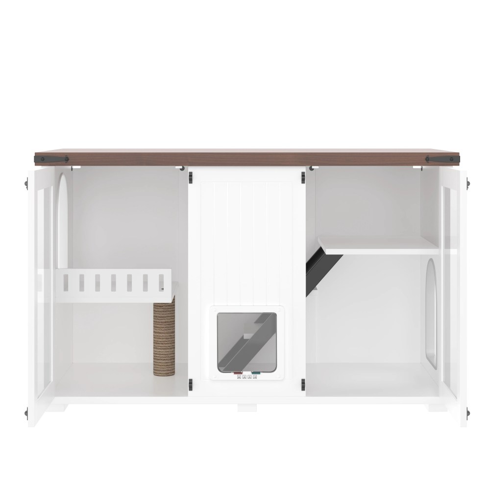 47.25" Large Cat Litter Box Enclosure with LED Light, Hidden Litter Box Furniture with Stairs and Scratching Post, Smart Locking Doors, Cat Cabinet Side Table for Living Room, White - Image 9