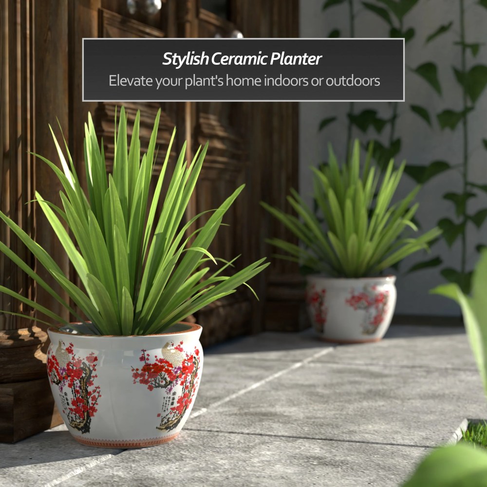Red Lantern 12" Cherry Blossom Porcelain Fishbowl Planter - Image 5