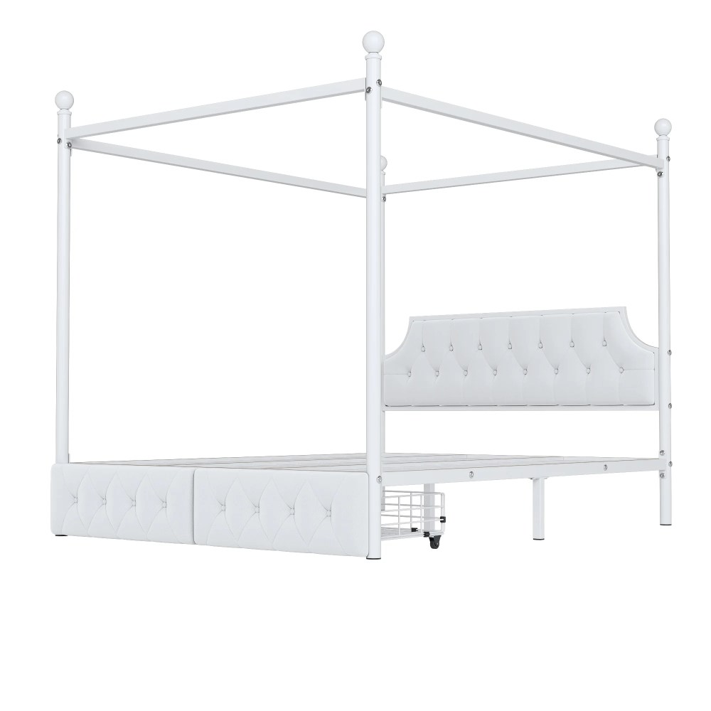 Euroco Wood Queen Size Canopy Platform Bed with Four Support Legs and 2 Drawers for Kids Teens Adults, White - Image 8
