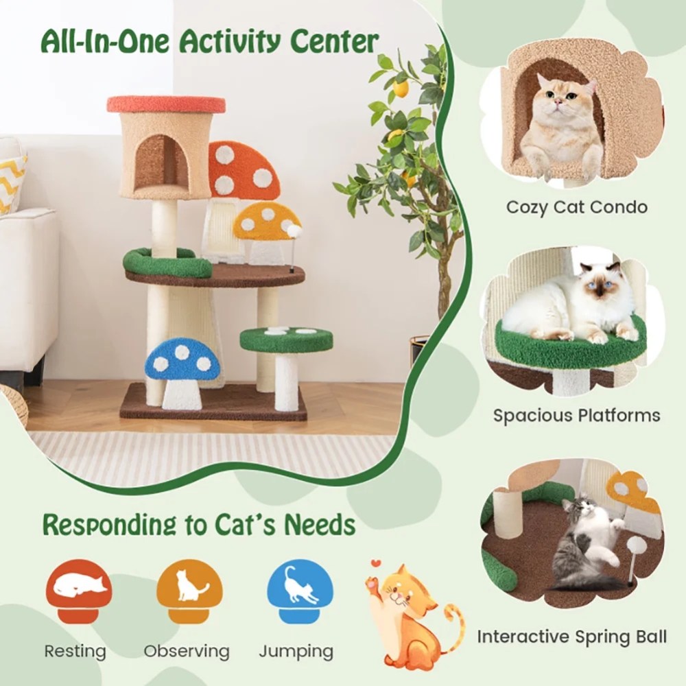 YYAo Large Cat Tree, Luxury Cat Tower Cat Condo, Cat Play House, 4-In-1 Mushroom Cat Tree with Condo Spring Ball and Sisal Posts-Multicolor - Image 4