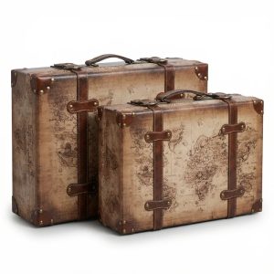 Old World Map Leather Vintage Style Suitcase with Straps,Set of 2