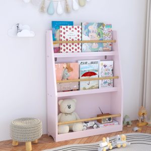 3 Tier Kids Bookshelf,Wooden Bookcase with Storage,Book Display Shelf for Toddlers Children Room Furniture,Toy Book Storage Organizer in Playroom Nursery Bedroom,Kids Book Rack,Pink
