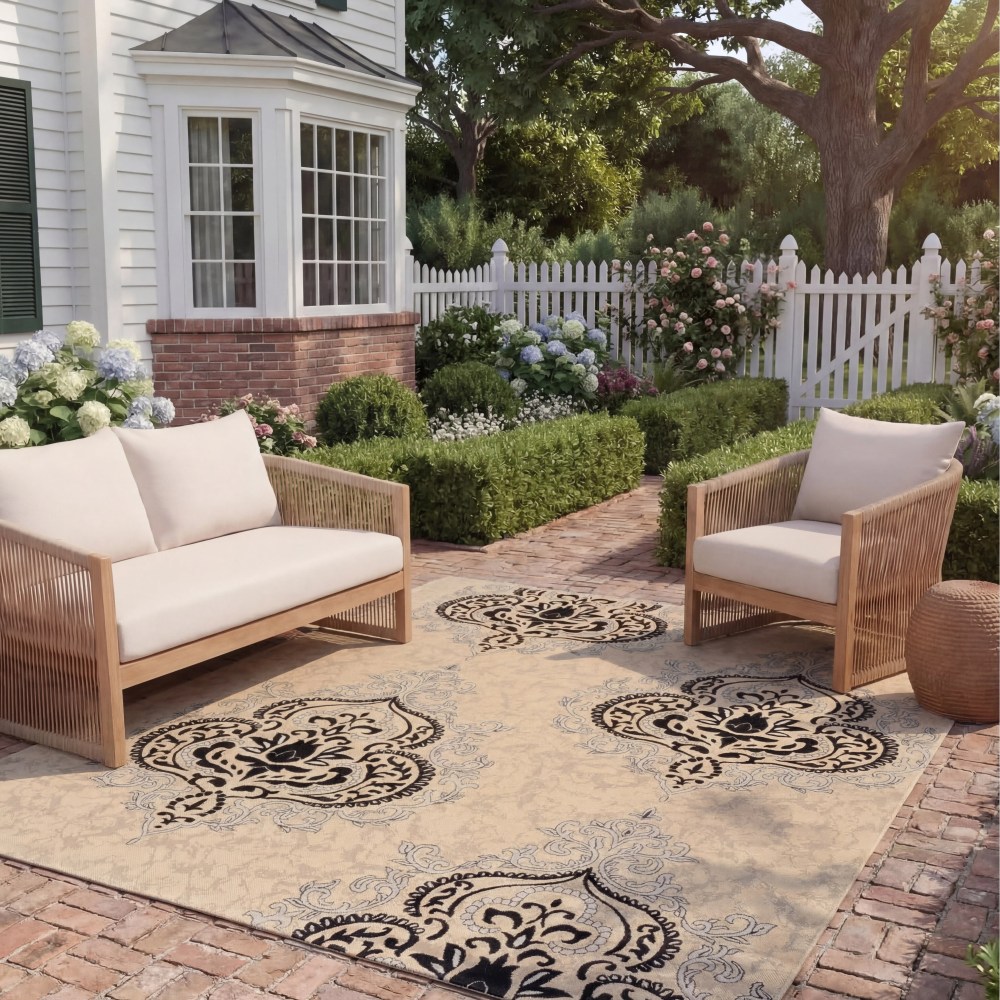 Safavieh Courtyard Penelope Damask Indoor/Outdoor Area Rug, Creme/Black, 6'7" x 6'7" Square - Image 4