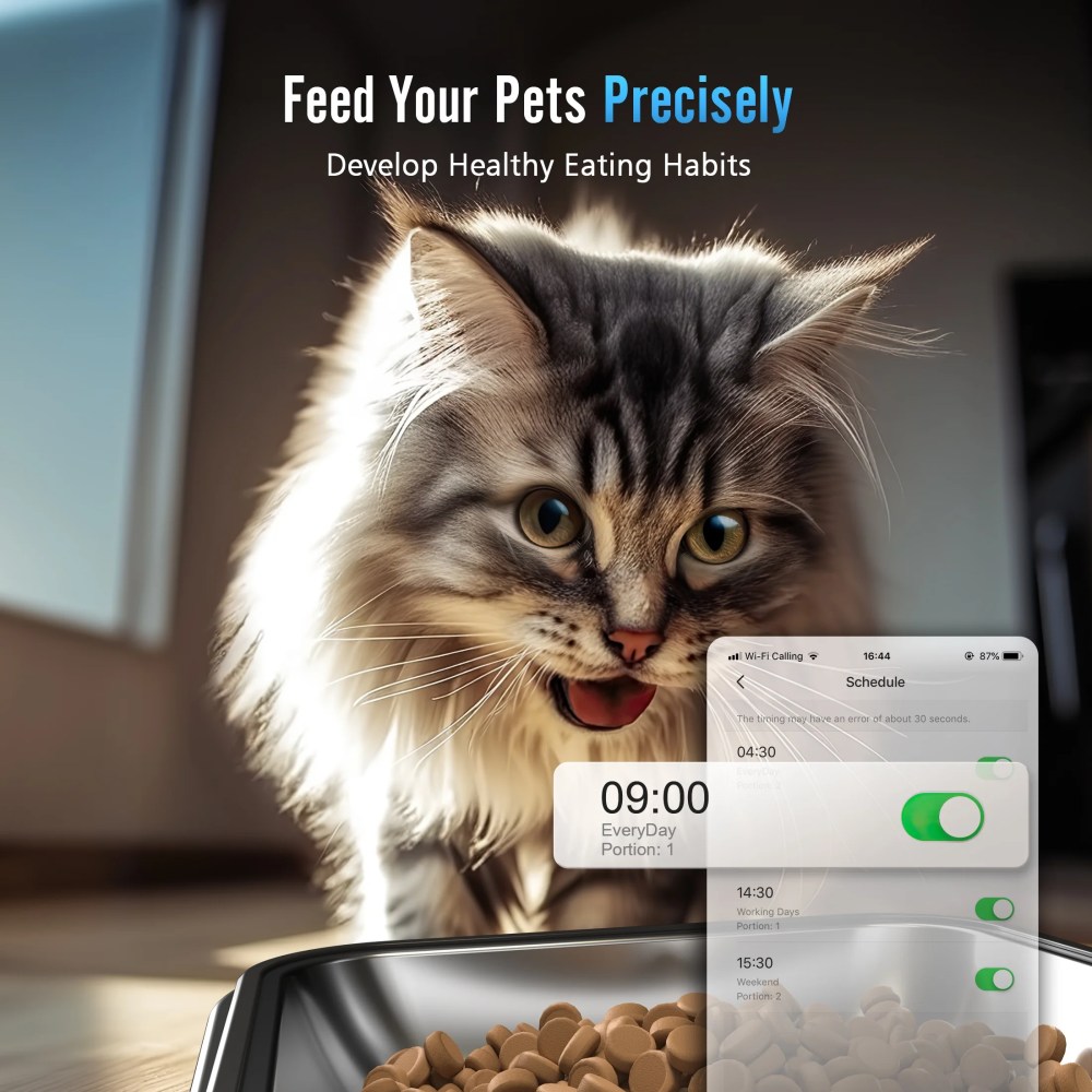 Oneisall 5L/20 Cups Automatic Cat Feeder with 5G WiFi & APP Control, PFD-002 PRO Double Bowl Cat Food Dispenser with 1 Desiccant Bag, Timed Automatic Pet Feeder for 2 Cats/2 Small Dogs - Black - Image 3