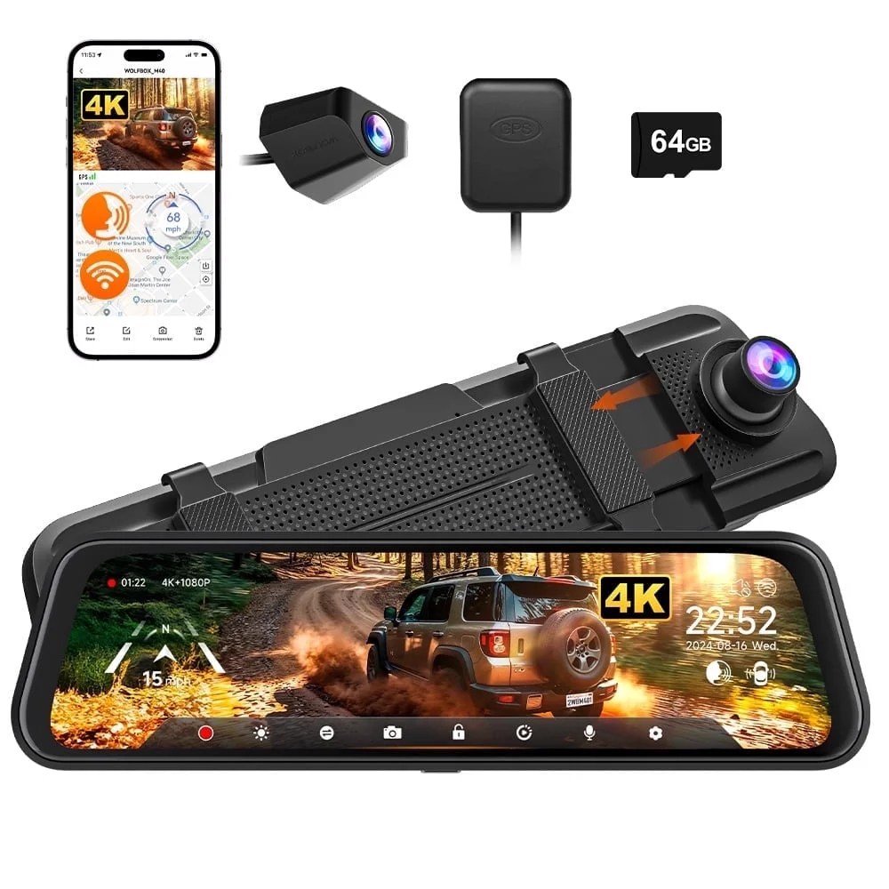 WOLFBOX M40 10" WiFi GPS Mirror Dash Cam, 4K Front and 1080P Rear Dual dash cam with ASDS, Voice Control, Night Vision, Parking Mode, 64GB Card