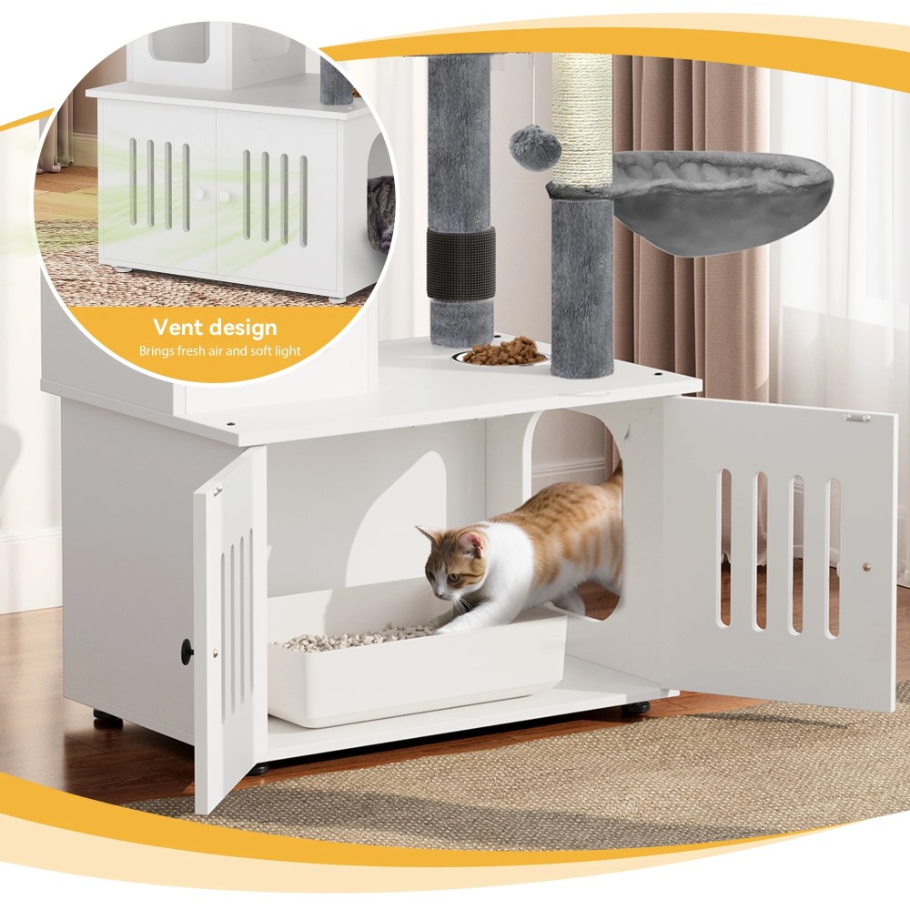Dextrus 2-in-1 Cat Furniture Condo, 59" Cat Tree Multi-Functional Cat Tower with Litter Box Enclosure, Wood House, Scratching Post, Feeding Station, Hammocks & Brush - White - Image 4