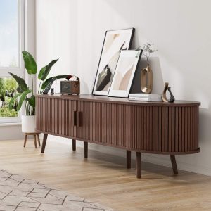 69" TV Stand with Charging Station and Drawers fit 65"- 75" TVs. Mid century Modern TV Stand,Wood Entertainment Center for Living Room and Bedroom,Media Console and Modern TV Console Table , Walnut