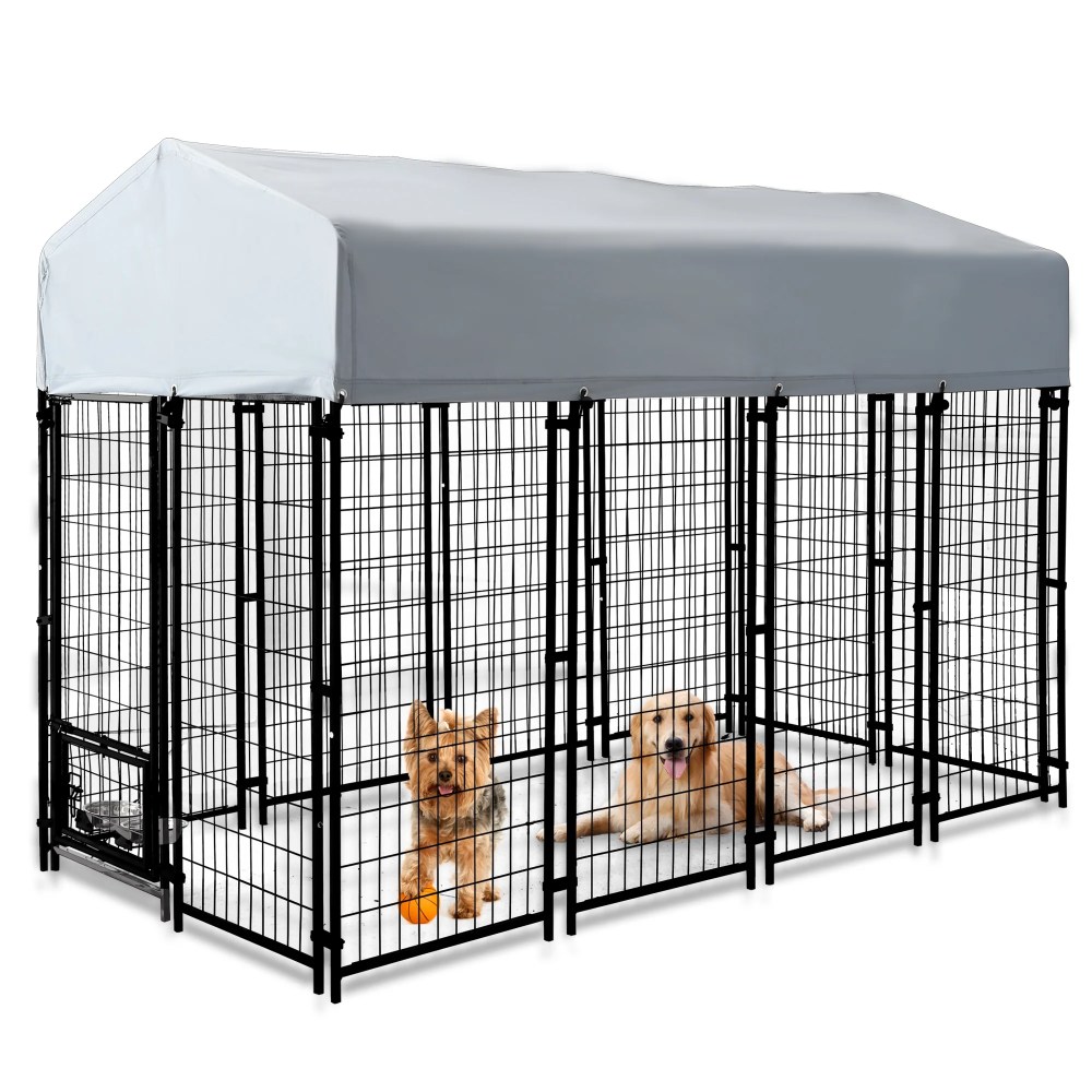 Haverchair Large Outdoor Dog Kennel, Heavy Duty Welded Wire Steel Dog Enclosure Playpen Crate with Waterproof UV-Resistant Roof Cover, Double Lock Dog Kennels Fence with Rotating Feeding Door Bowls - Image 7