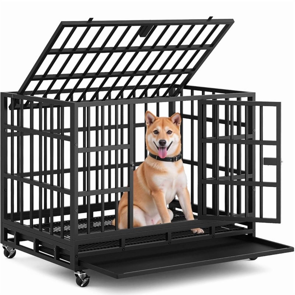 Furmax 37" Heavy Duty Dog Crate with Removable Tray Large Dog Kennel Heavy Duty Dog Crate cage with Wheels - Image 4