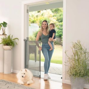 Perma 36" H x 71" W Retractable Baby Gate for 6-24 Months, Manual Tensioning & 3-Way-Locking, Gray