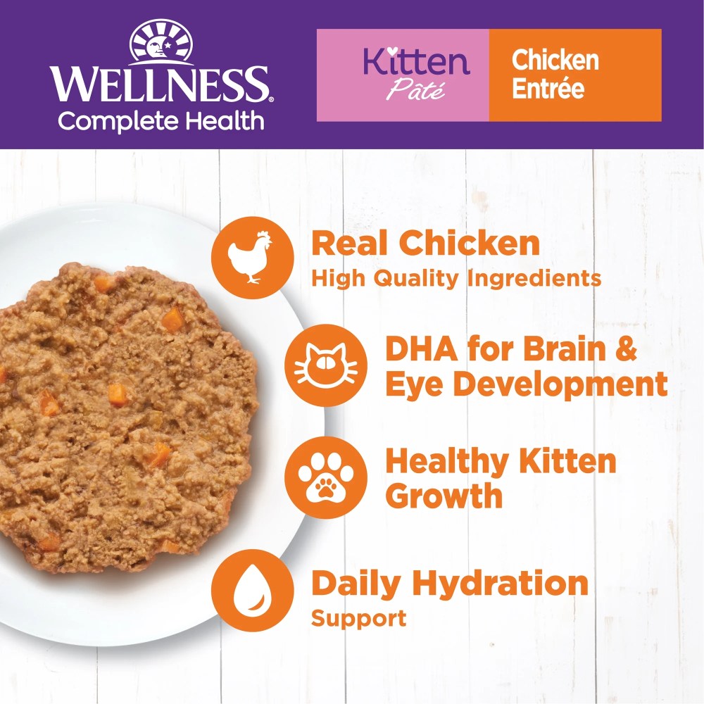 Wellness Complete Health Pate Kitten Canned Wet Cat Food, Natural, Protein Rich, Grain Free, Chicken Entre Recipe, 5.5 oz, Pack of 24 Cans - Image 2