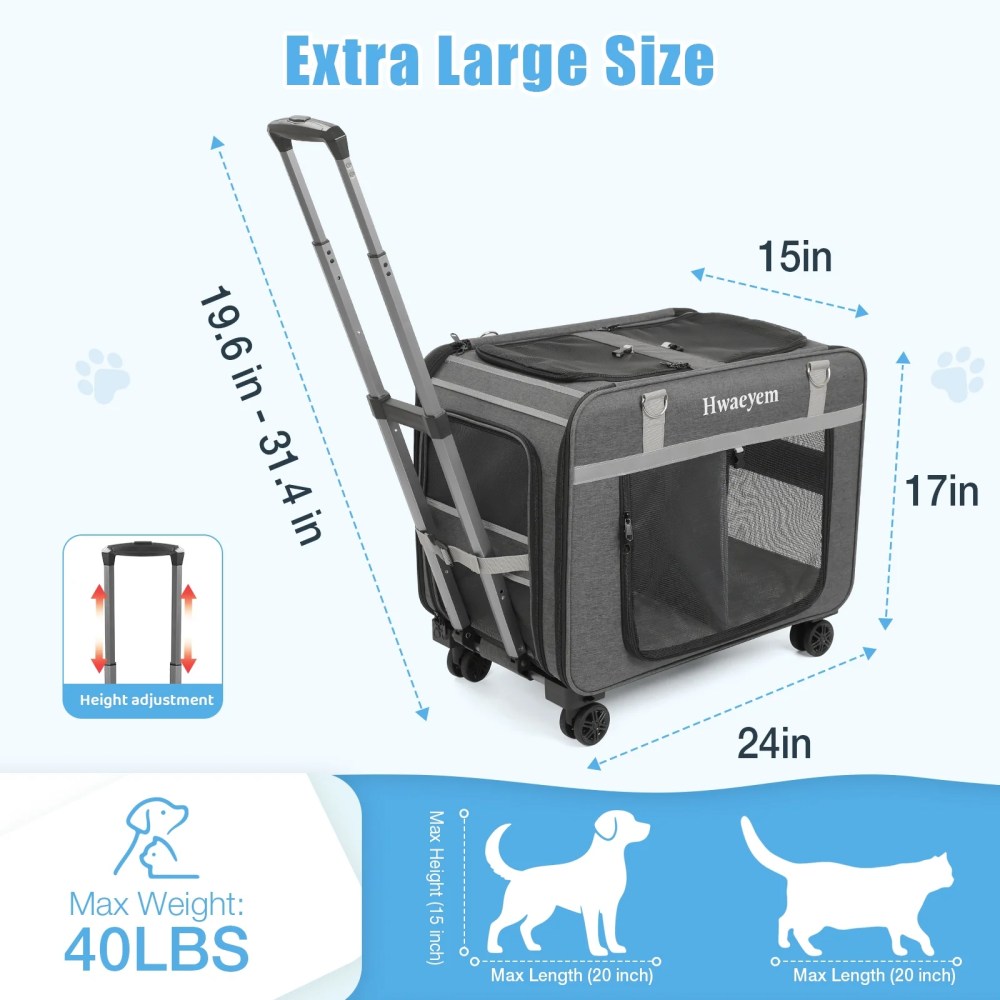 Extra Large Pet Cat Carrier with Wheels, Pet Carrier for 2 Cats or Medium Dog, 24" X 15" X 17" Portable Dog Cat Crate for Large Cat, Support up to 40 Lbs, Grey - Image 7