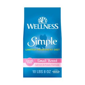 Wellness Simple Limited Ingredient Small Breed Adult Dry Dog Food,  Grain Free Kibble,  Sensitive Stomach,  Skin & Coat Support,  Natural,  Chicken Free,  Salmon and Potato Recipe,  10.5 lb Bag