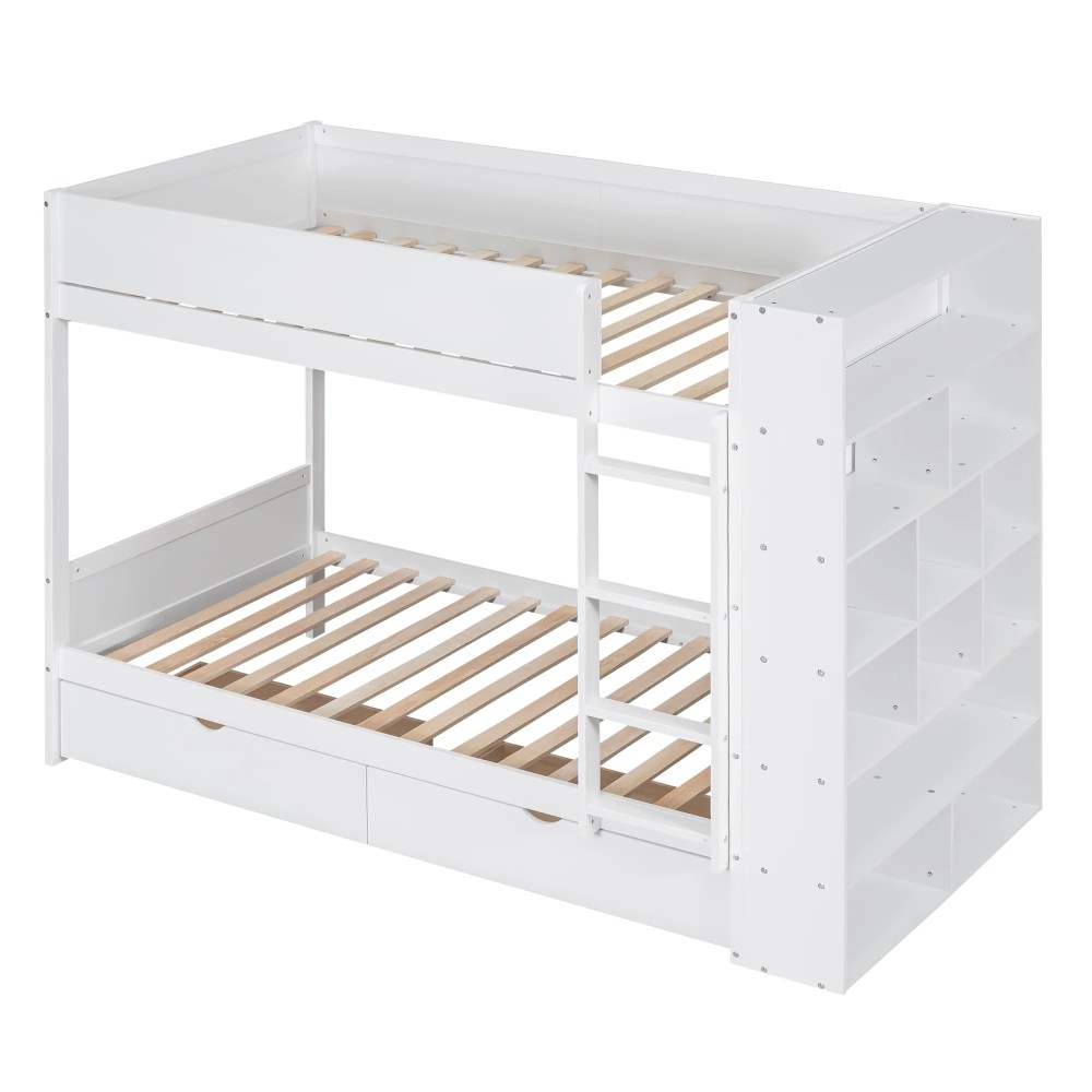 Euroco Pine Wood Twin over Twin Bunk Bed, Storage Bed with Cabinets and Shelves for Kids Teens, Sapce-Saving Design, White - Image 7