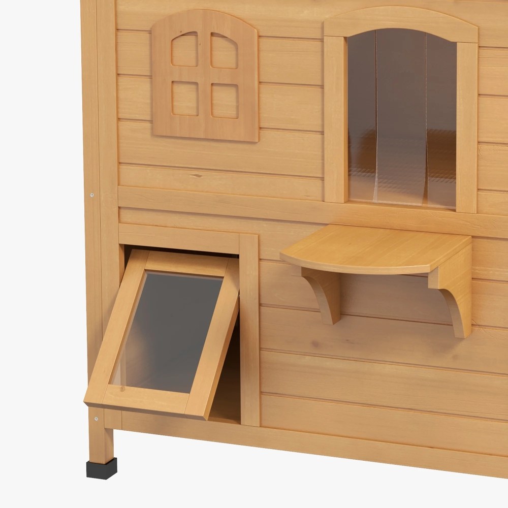 PawHut Outdoor Wooden 2-Story Cat House, Wooden Door, Openable Roof, Jumping Platforms, Natural - Image 8